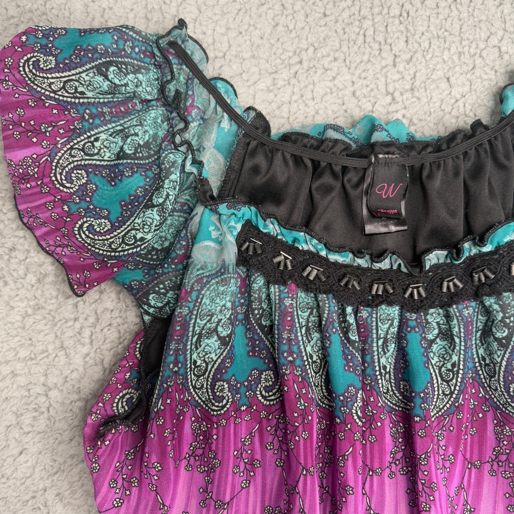 Wrapper boho paisley peasant top beaded flutter sleeve blue pink size XL Y2K - Picture 3 of 8